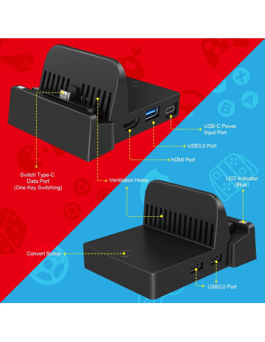 Dock de Carga para Nintendo Switch Ponkor - Adaptador USB 3.0