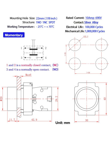 Interruptor de Botón Momentáneo KNDELE 22mm Rojo Verde IP65