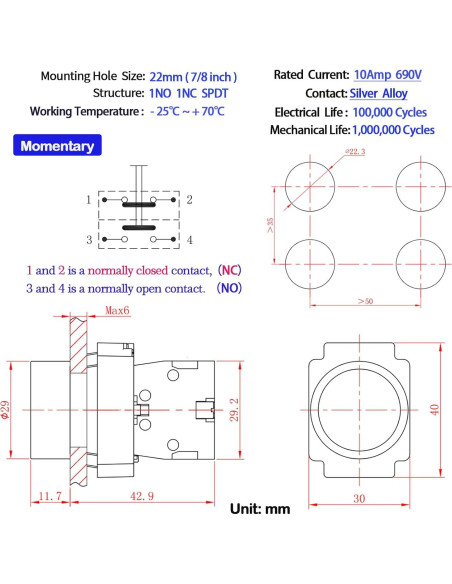 Interruptor de Botón Momentáneo KNDELE 22mm Rojo Verde IP65