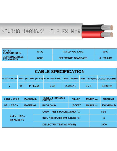 Cable Marino Dúplex 14 AWG 30.48 m Cobre Estañado NOVINO