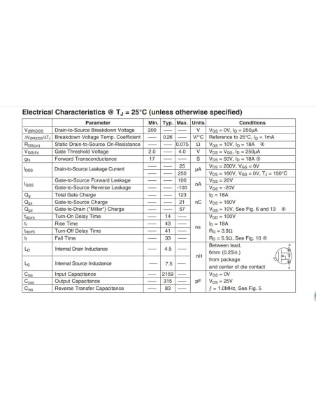 5 Piezas Transistor MOSFET N-Channel IRFP250N 30A 200V TO-247AC