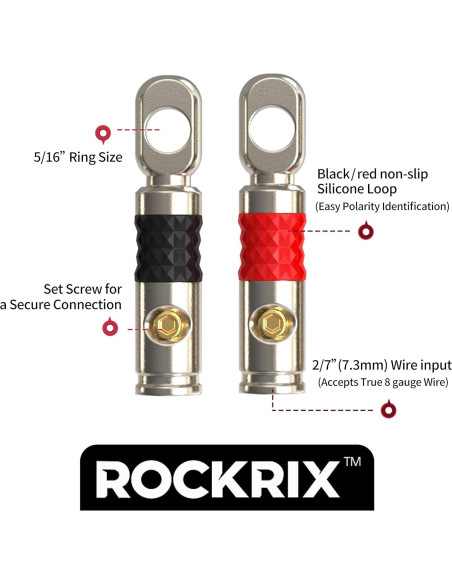 Terminales de Anillo 8 AWG ROCKRIX - Paquete de 4 (2 Rojos, 2 Negros)