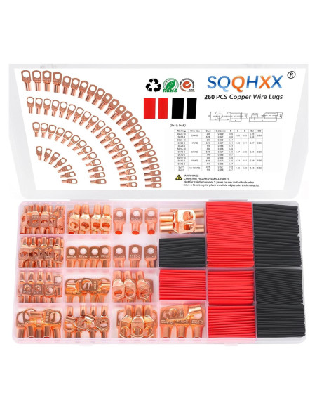 260 Piezas Terminales de Cable de Cobre SQQHXX con Tubos Termocontraíbles