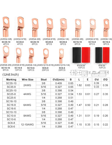 260 Piezas Terminales de Cable de Cobre SQQHXX con Tubos Termocontraíbles