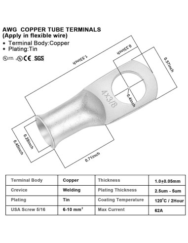 Conectores de Terminal de Anillo iGreely 4 AWG Cobre Estañado 10 Pcs
