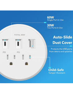 Regleta de Poder LIDER 65W USB-C y USB-A Blanca 1.98m 2