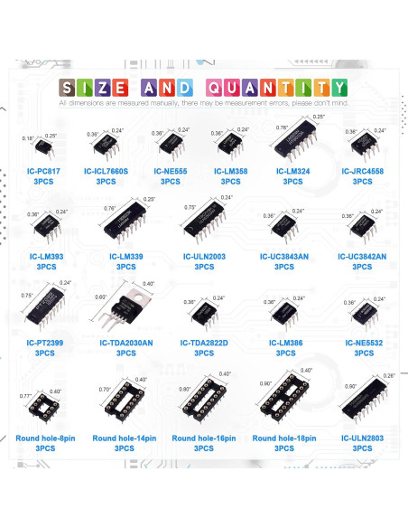 Kit de 63 Chips IC Glarks con Zócalos DIP 8/14/16/18 Pines