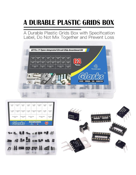 Kit de 63 Chips IC Glarks con Zócalos DIP 8/14/16/18 Pines