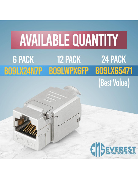 Conectores RJ45 Keystone Blindados Everest - Paquete de 6 - 90 Grados, CAT5e, CAT6, CAT6A, CAT7, hasta 10GB Conectores RJ45 Keystone Blindados Everest - Paquete de 6 - 90 Grados, CAT5e, CAT6, CAT6A, CAT7, hasta 10GB