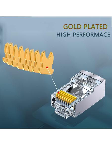 Conectores RJ45 Cat6a 23AWG Baño de Oro PETECHTOOL - 50 Piezas Conectores RJ45 Cat6a 23AWG Baño de Oro PETECHTOOL - 50 Piezas