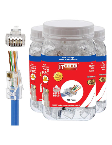 Conectores RJ45 Cat6 ITBEBE 300 Piezas Passthrough 23 AWG