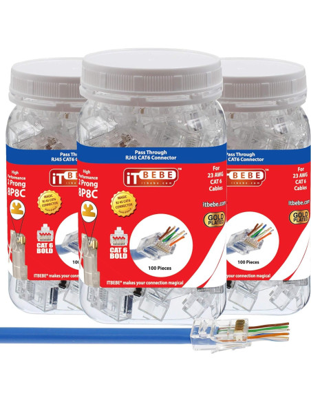 Conectores RJ45 Cat6 ITBEBE 300 Piezas Passthrough 23 AWG