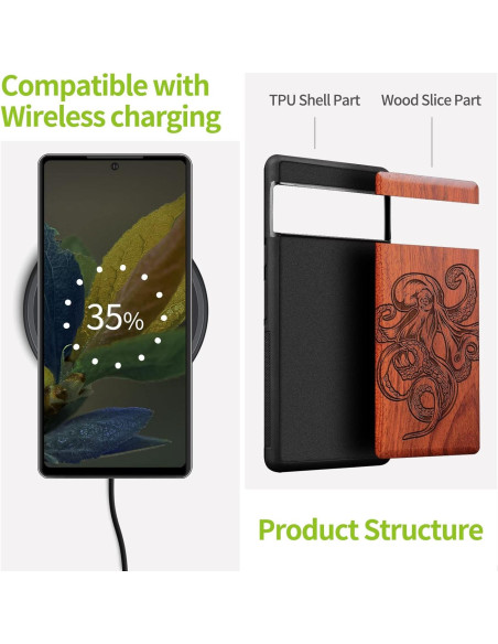 Funda de Madera Carveit para Google Pixel 8 - Pulpo-Rosy Funda de Madera Carveit para Google Pixel 8 - Pulpo-Rosy