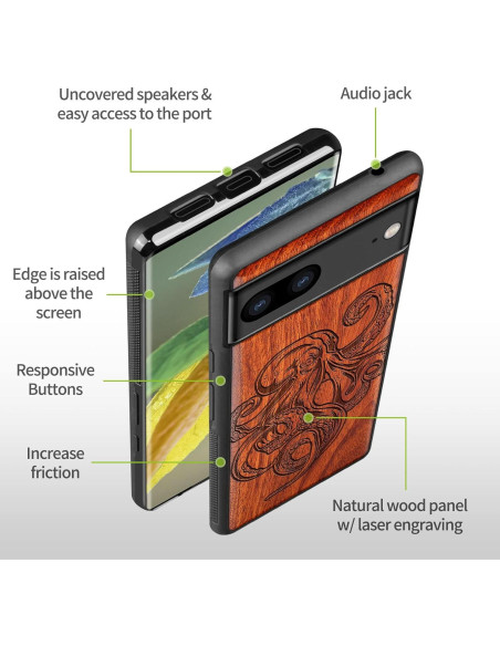 Funda de Madera Carveit para Google Pixel 8 - Pulpo-Rosy Funda de Madera Carveit para Google Pixel 8 - Pulpo-Rosy