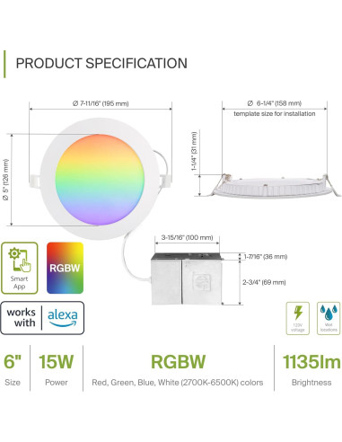 Paquete de 6 Luces LED Empotradas ASD RGBW 15W 2700K-6500K
