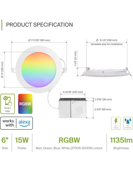 Paquete de 6 Luces LED Empotradas ASD RGBW 15W 2700K-6500K