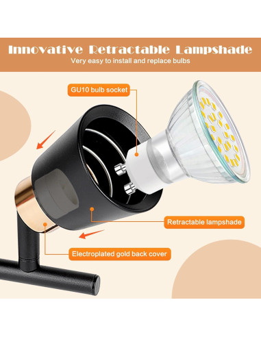 Focos de Riel LED GORDNWE 4 Cabezas GU10 Ajustables Negro