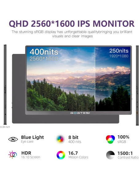 Monitor Portátil 16" Gogtesi 2.5K QHD 120Hz HDR 400nits