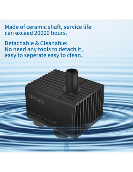 Bomba de Agua Silenciosa ERAARK 50GPH 190L/H para Acuario