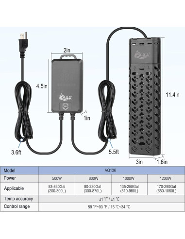 Calentador de Acuario AQQA 500W para 208-492 Litros con Controlador