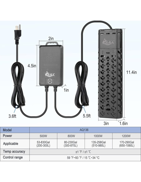 Calentador de Acuario AQQA 500W para 208-492 Litros con Controlador