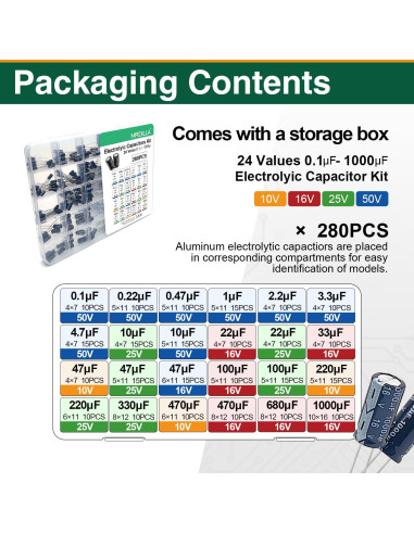 Kit de 280 Capacitores Electrolíticos Aluminio 0.1-1000uF 10-50V