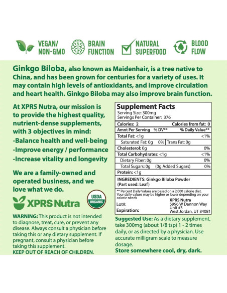 Polvo Orgánico de Ginkgo Biloba XPRS Nutra 113.4 g - Suplemento Vegano Polvo Orgánico de Ginkgo Biloba XPRS Nutra 113.4 g - Suplemento Vegano