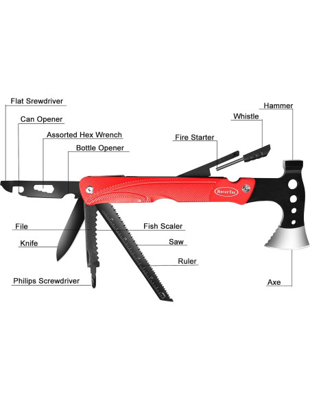 Hacha Multiherramienta RoverTac 14-en-1 para Camping y Supervivencia