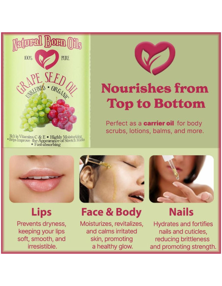 Aceite de Semilla de Uva Natural Born Oils 473ml Orgánico Prensado en Frío