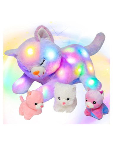 Peluche Gato Mamá Hopearl con 3 Gatitos Iluminados 45.72 cm