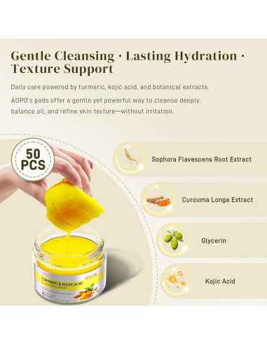 Almohadillas de Limpieza Facial AOPO con Ácido Kójico y Cúrcuma - 50 Pcs