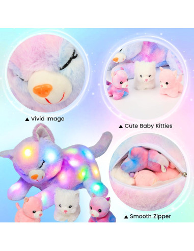 Peluche Gato Mamá Hopearl con 3 Gatitos Iluminados 45.72 cm