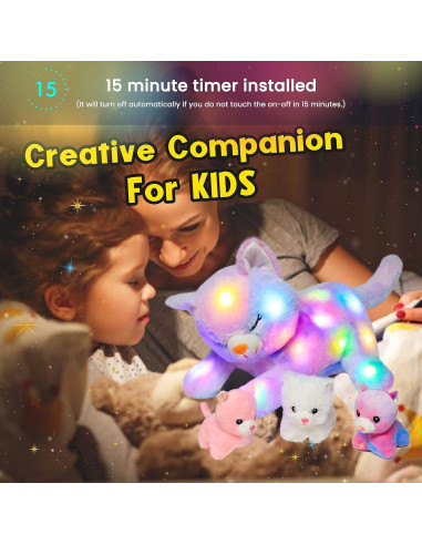 Peluche Gato Mamá Hopearl con 3 Gatitos Iluminados 45.72 cm