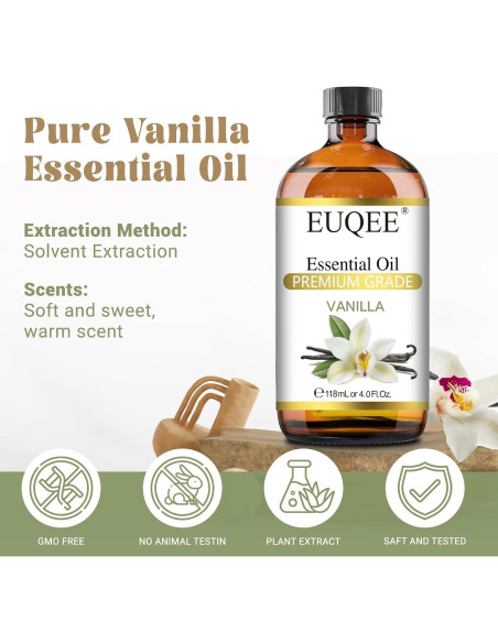 Aceite Esencial de Vainilla EUQEE 118ml - Aroma Natural para Difusor y Masaje Aceite Esencial de Vainilla EUQEE 118ml - Aroma Natural para Difusor y Masaje