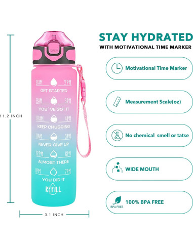 Botella de Agua Enerbone 0.91L Rosa-Verde con Pajilla y Horarios