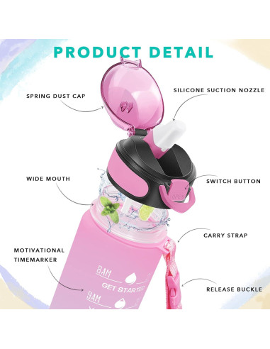 Botella de Agua Enerbone 0.91L Rosa-Verde con Pajilla y Horarios