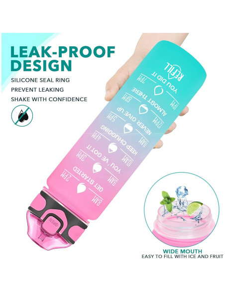 Botella de Agua Enerbone 0.91L Rosa-Verde con Pajilla y Horarios Botella de Agua Enerbone 0.91L Rosa-Verde con Pajilla y Horarios