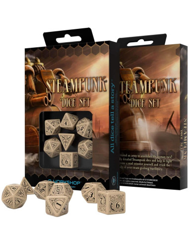 Dados Steampunk Beige y Negro Q WORKSHOP - Juego de Mesa 7 Piezas