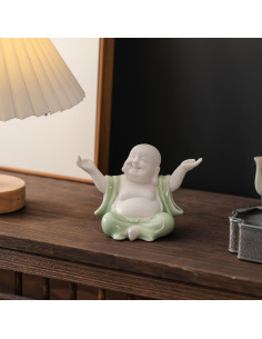 Estatua de Buda Riendo Verde Cerámica 9.4 cm Houlu 2