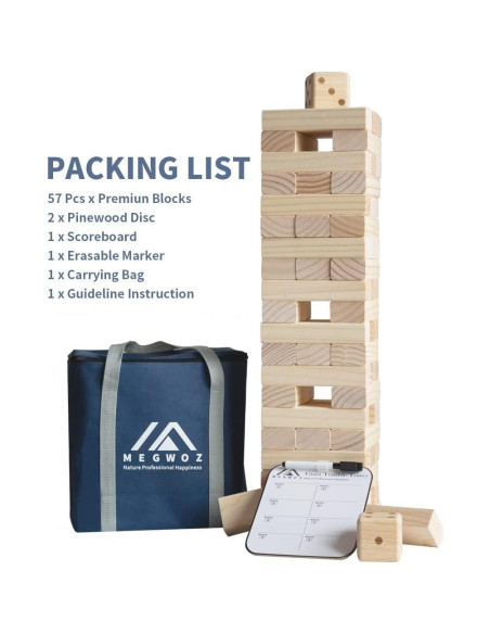 Juego de Torre Invertida Gigante MEGWOZ 57 Bloques Madera 128 cm Juego de Torre Invertida Gigante MEGWOZ 57 Bloques Madera 128 cm