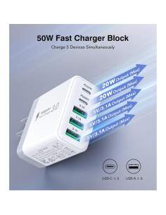 Cargador USB C Rápido 50W 5 Puertos BOVICAS Blanco 2