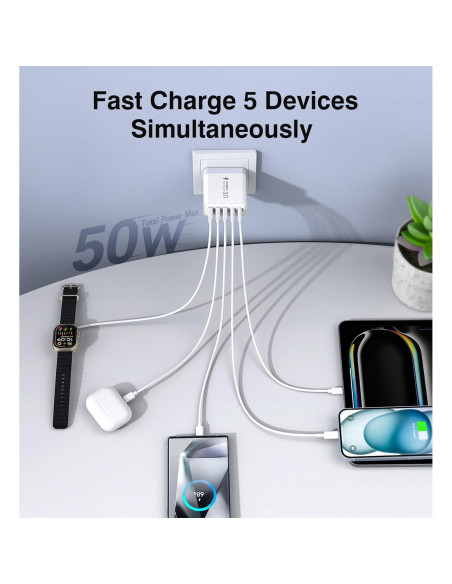Cargador USB C Rápido 50W 5 Puertos BOVICAS Blanco