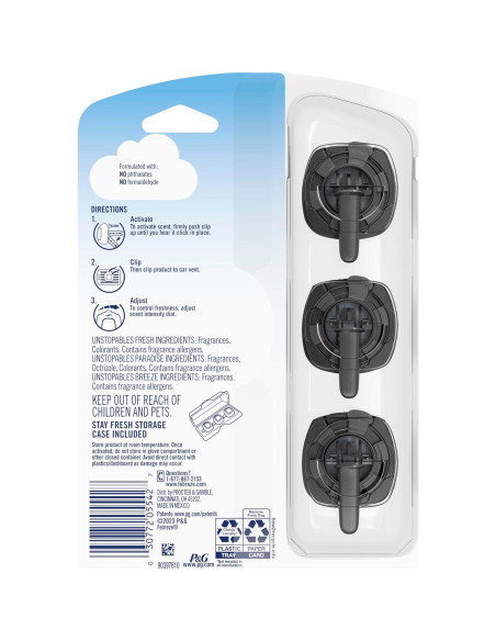 Febreze Ambientador de Auto Clip Ventilación Unstopables 3 Piezas