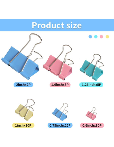 Clips de Carpeta Joyberg 125 Pcs Colores Mixtos 6 Tamaños