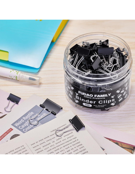 100 Clips de Carpeta Negros FUDAO FAMILY - 3 Tamaños Variados