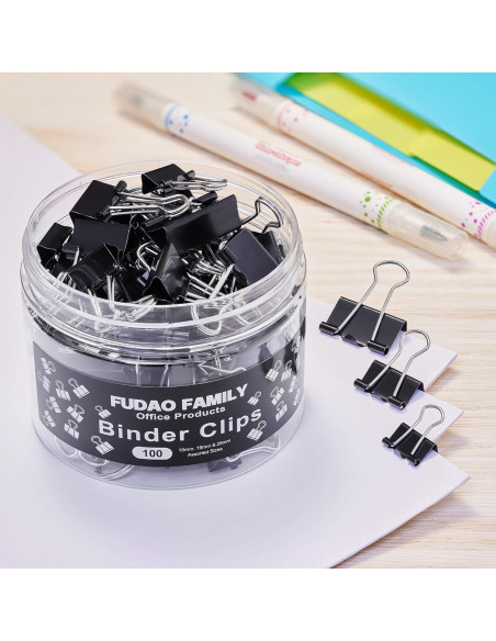 100 Clips de Carpeta Negros FUDAO FAMILY - 3 Tamaños Variados