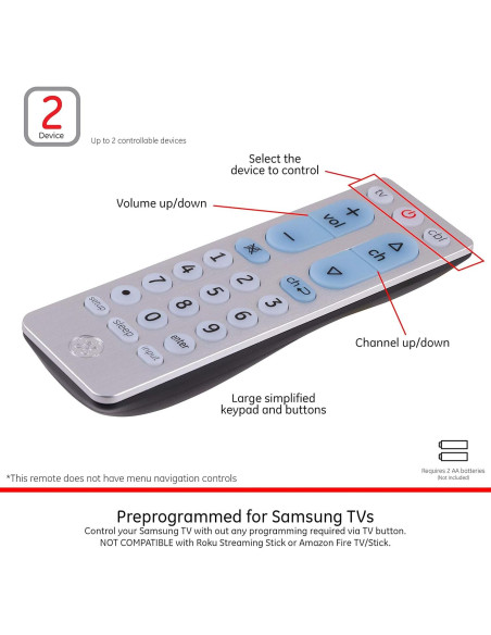 Control Remoto Universal GE 2 Dispositivos Botones Grandes Plata