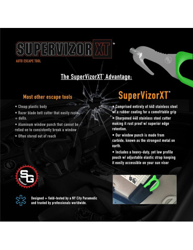 Herramienta de Escape de Emergencia StatGear SuperVizor XT - Cortador de Cinturón y Martillo Rompe Cristales - Paquete de 2