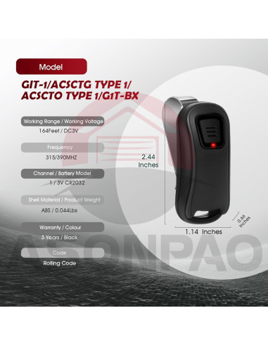 Control Remoto de Puerta de Garaje Genie GIT-1 - 2 Paquete