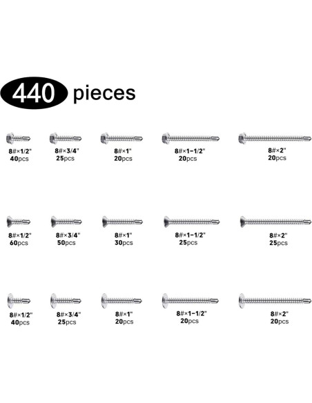 Juego de Tornillos Autoperforantes Yuecinoow 440 Pcs Acero Inoxidable